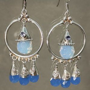 Sajen Solid Sterling Silver Briolette Opalite, Chalcedony and Amethyst Earrings